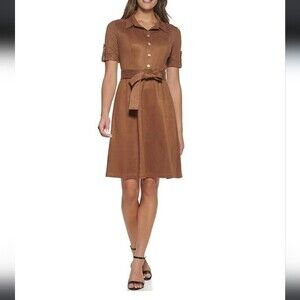Tommy Hilfiger Coffee Cognac Faux Suede Short Sleeve Point Collar Shirt Dress